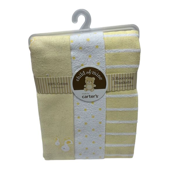 Carter’s Child Of Mine Flannel Receiving Blanket Cotton Yellow White Ducks Stars - Picture 1 of 4